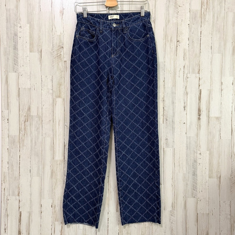 OAT New York Diamond Print Pants 2 / 26 Raw Hem Trendy Straight Leg Mid Rise